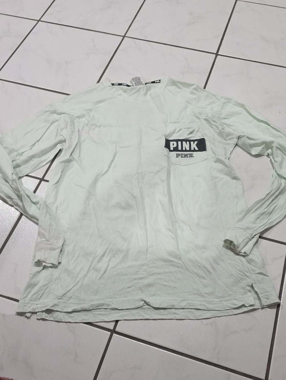 PINK Victoria's Secret Pale Mint Long Sleeve Pocket Tee